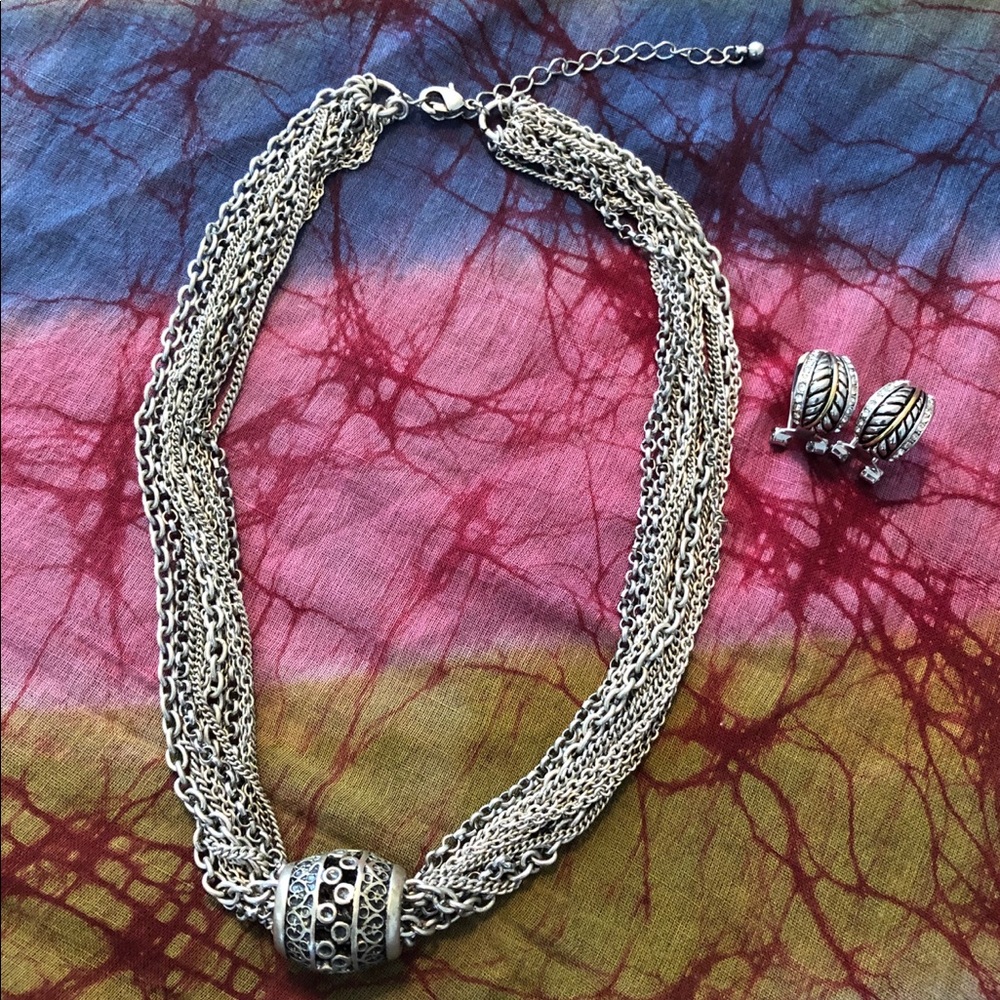 Silver Necklace & Silver/Gold Earrings